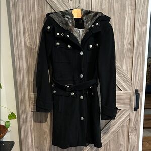 Laundry By Shelli Segal Black Trench Coat with Faux Fur